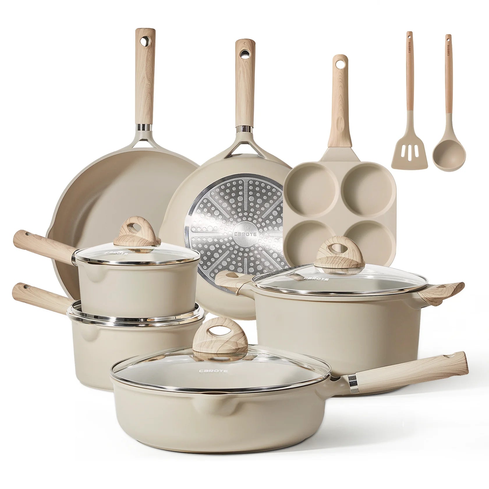 BreezeForge 13-Piece Nonstick Pots and Pans Set, Kitchen Cookware Set, Taupe