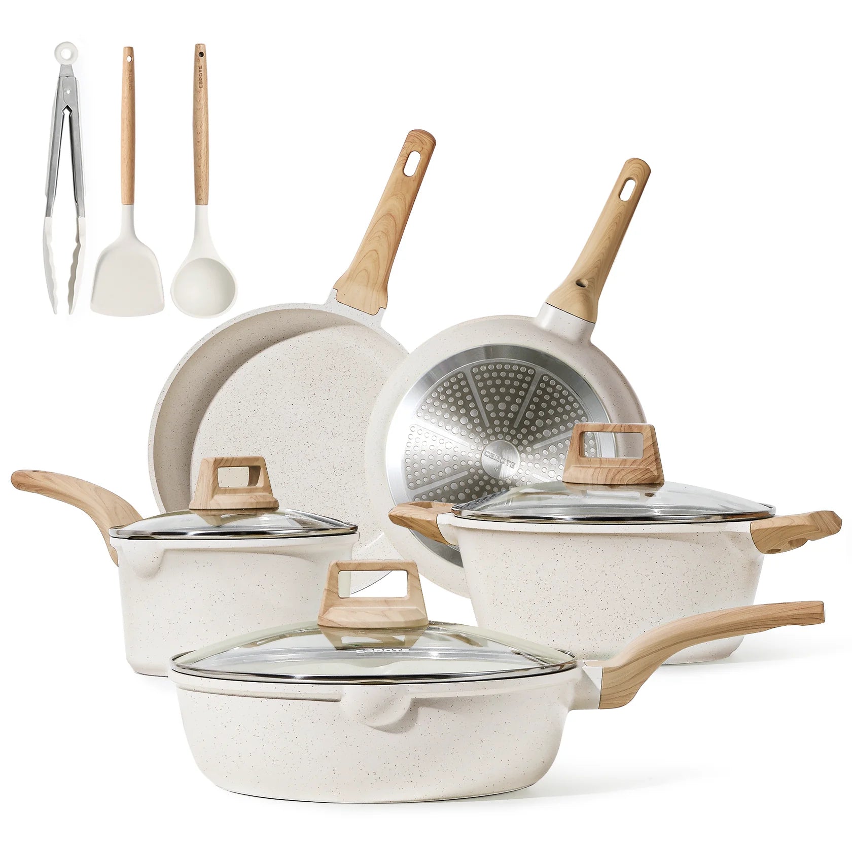 BreezeForge 11-Piece Nonstick Cookware Set, Non Stick Cooking Set - White Granite